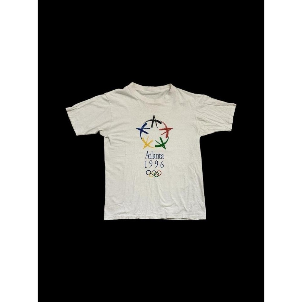 Vintage Atlanta 1996 Olympics Medium Tshirt White‎ Star Olympic Rings Distressed